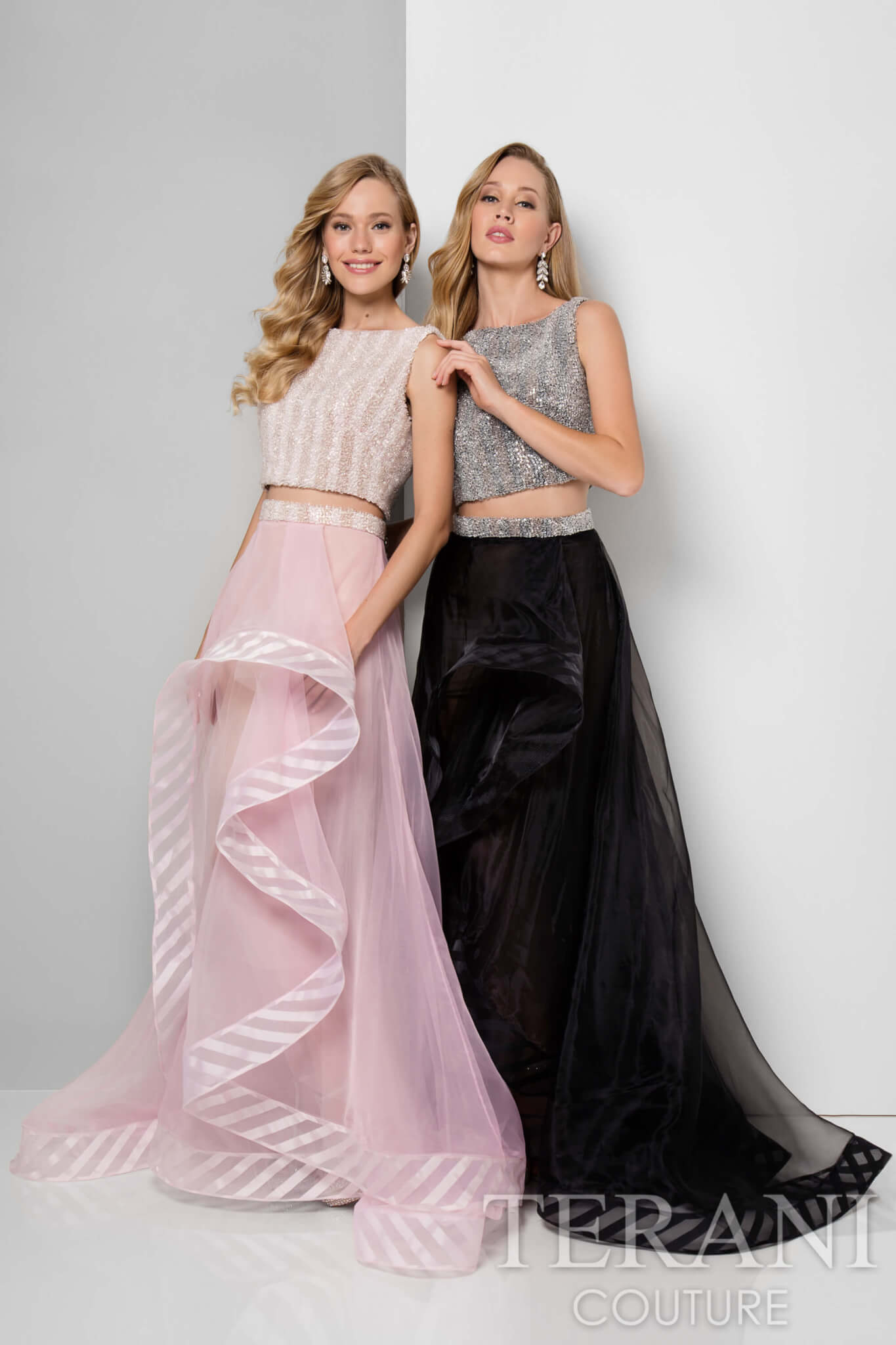 Two Piece Beaded Boat Neck Top High Low Ball Gown - 1711P2697
