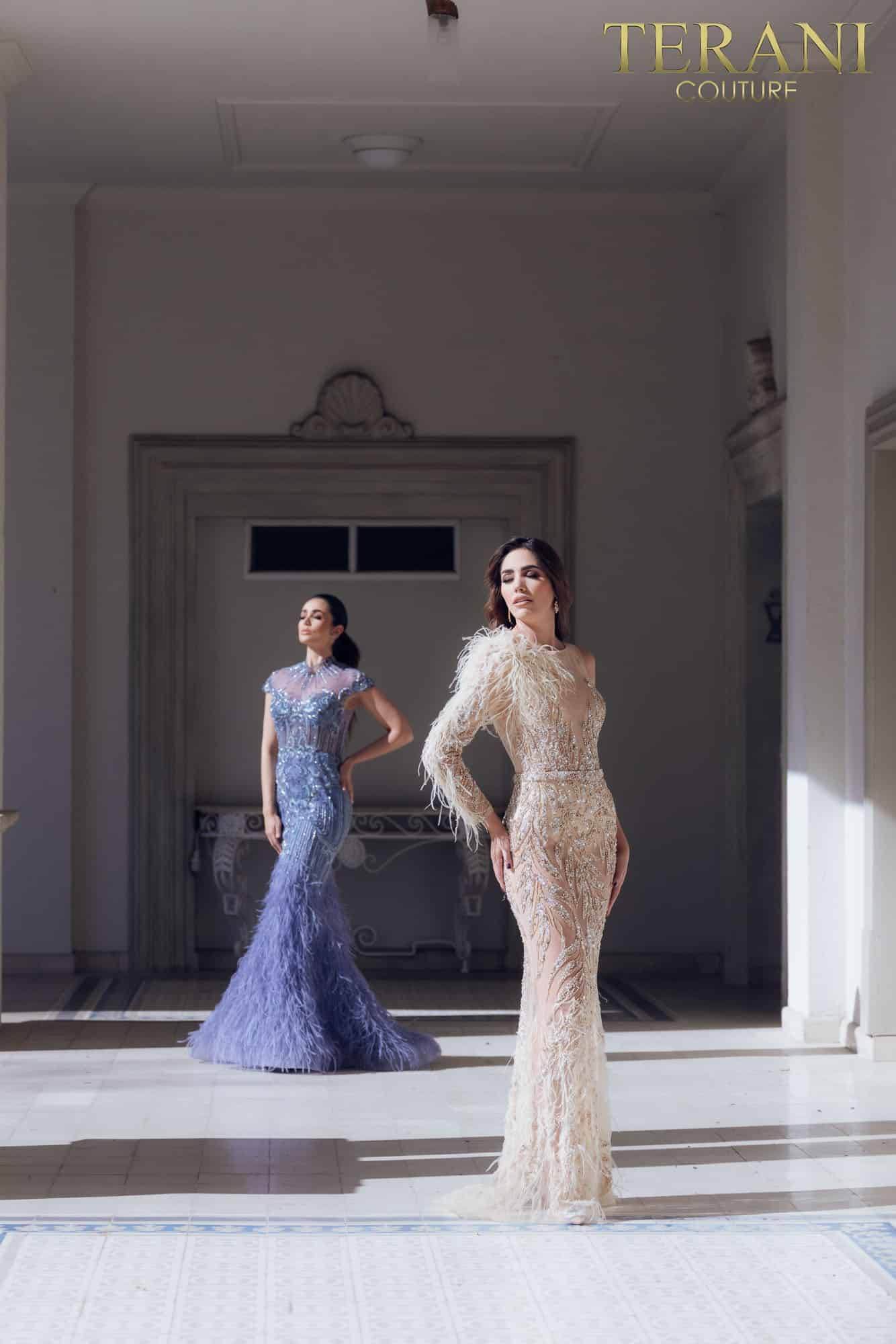Feathered High Neck Mermaid Dress - 1721GL4446