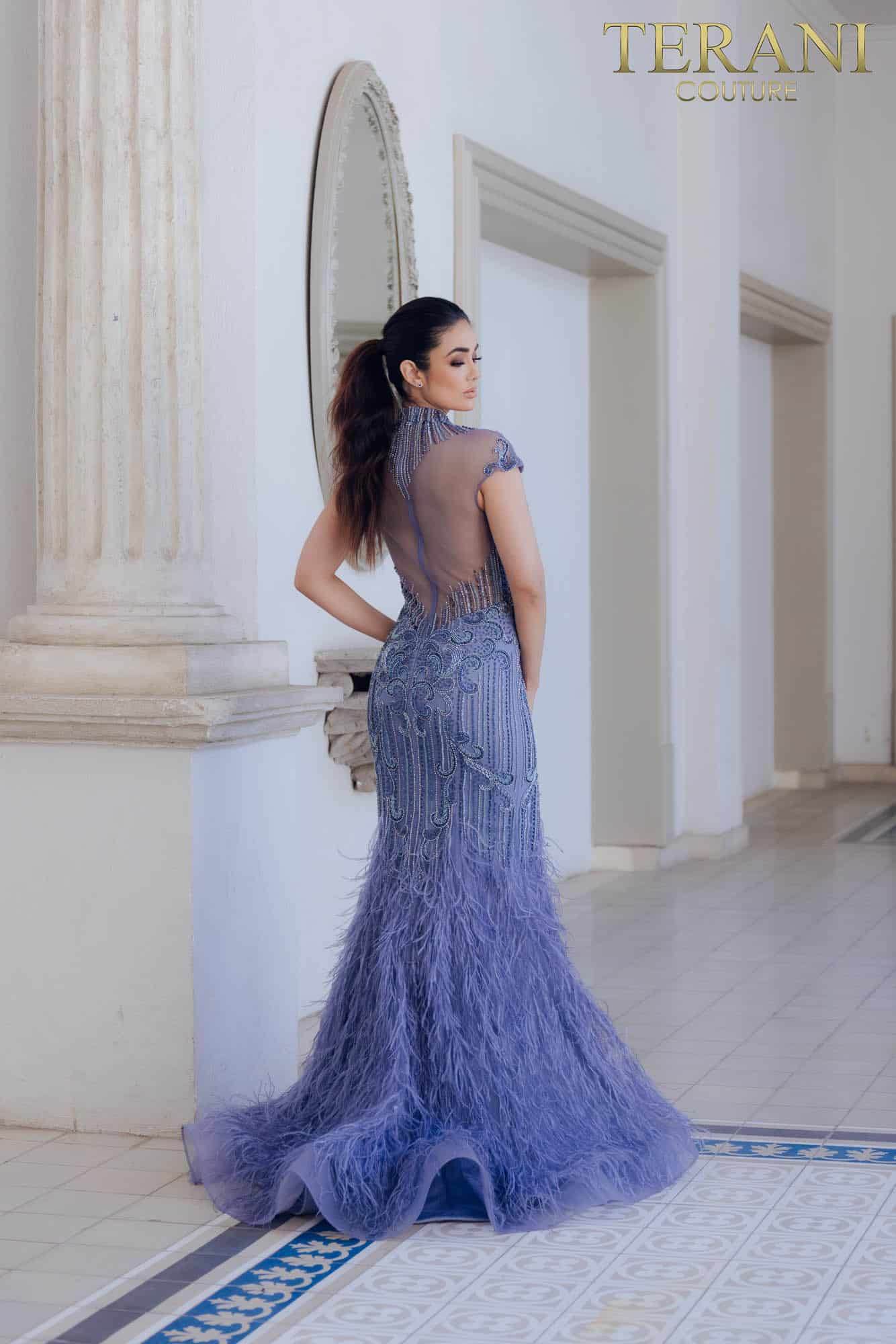 Feathered High Neck Mermaid Dress - 1721GL4446