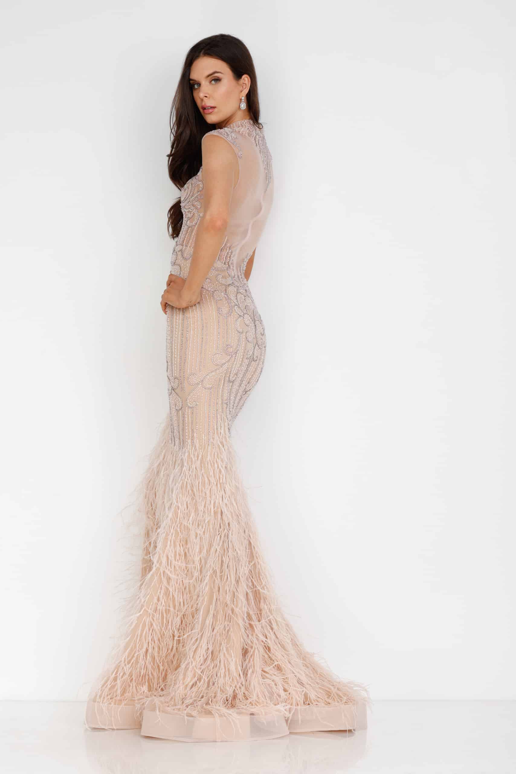 Feathered High Neck Mermaid Dress - 1721GL4446