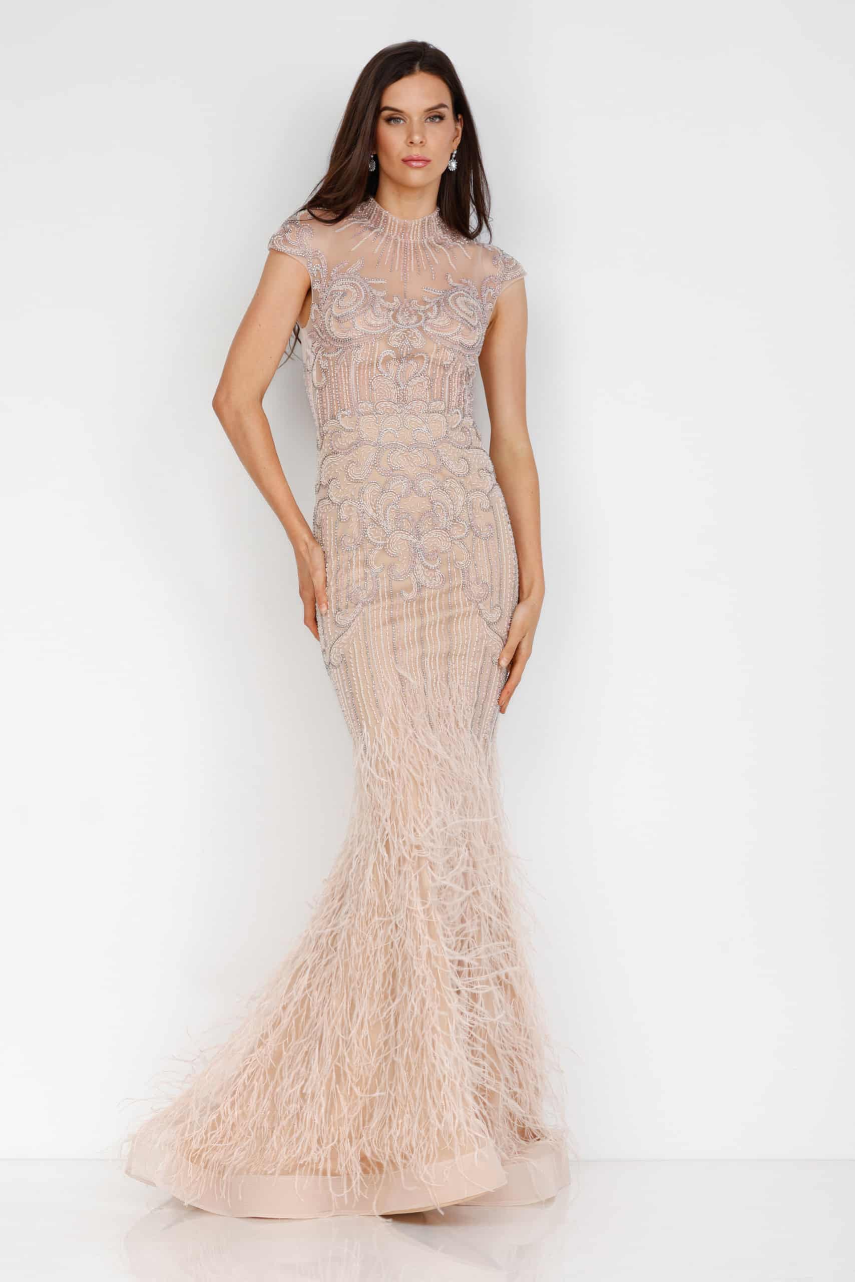 Feathered High Neck Mermaid Dress - 1721GL4446
