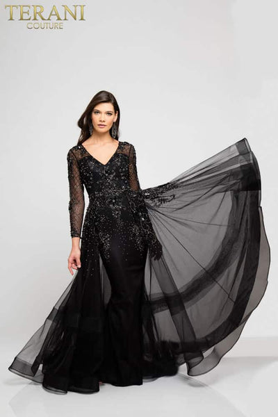 Long Sleeve V Neck Sheer Beaded Ball Gown - 1722M4354
