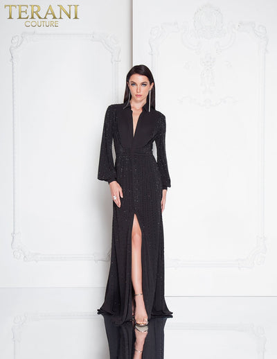 Long Sleeve Low V Neck Beaded Collared High Slit Long Dress - 1812E6274