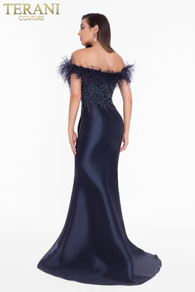 Off-Shoulder Feather Neckline Beaded High Slit Mermaid Long Dress - 1821E7142