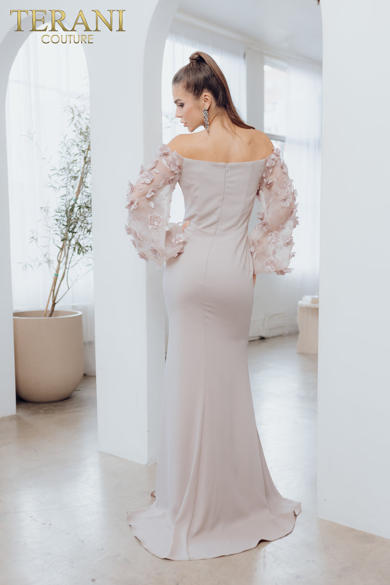 Off Shoulder Floral Accent Puff Sleeves Gown- 1911E9128