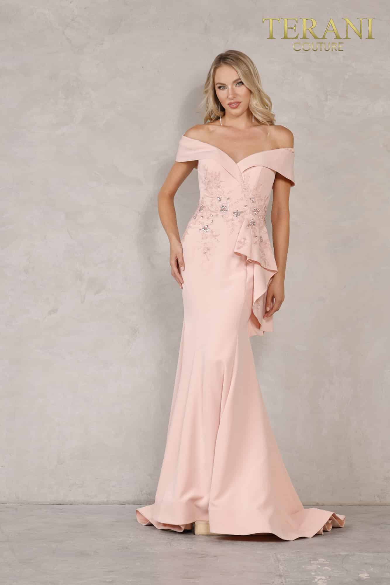 Plus Size Off-Shoulder Side Drape Peplum Mermaid Gown – 1911M9339