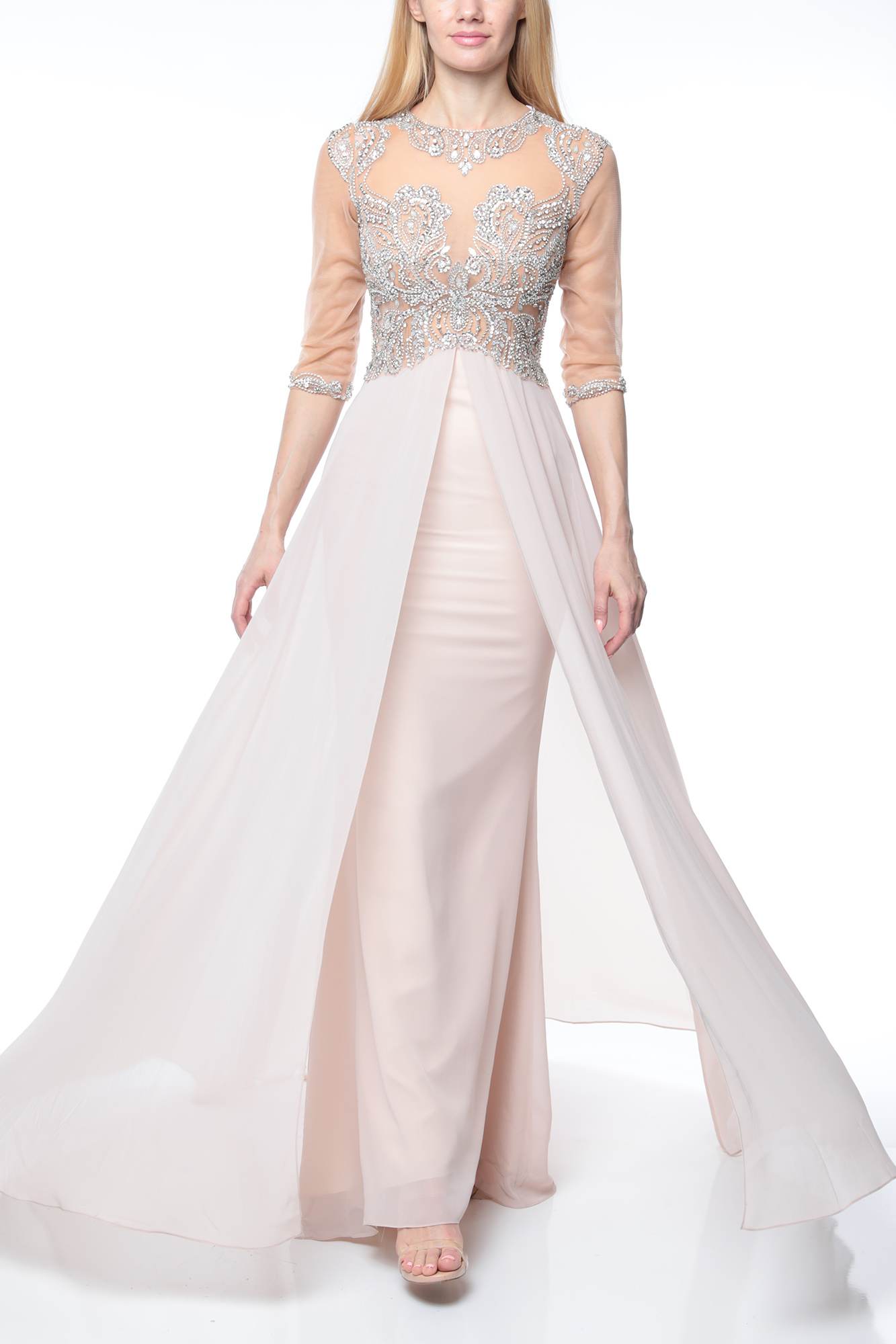 3/4 Sleeve Illusion Beaded Jewel Neck Overskirt Long Dress - 1911M9670