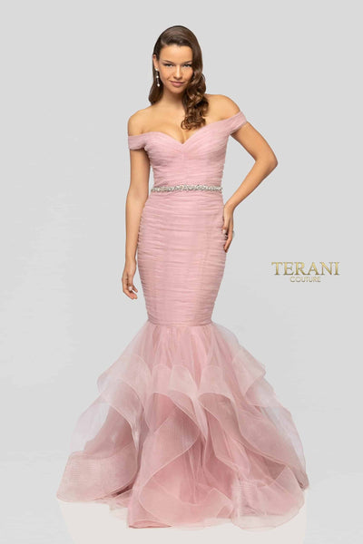 Off-Shoulder Beaded Waist Glitter Tulle Long Dress - 1911P8366G