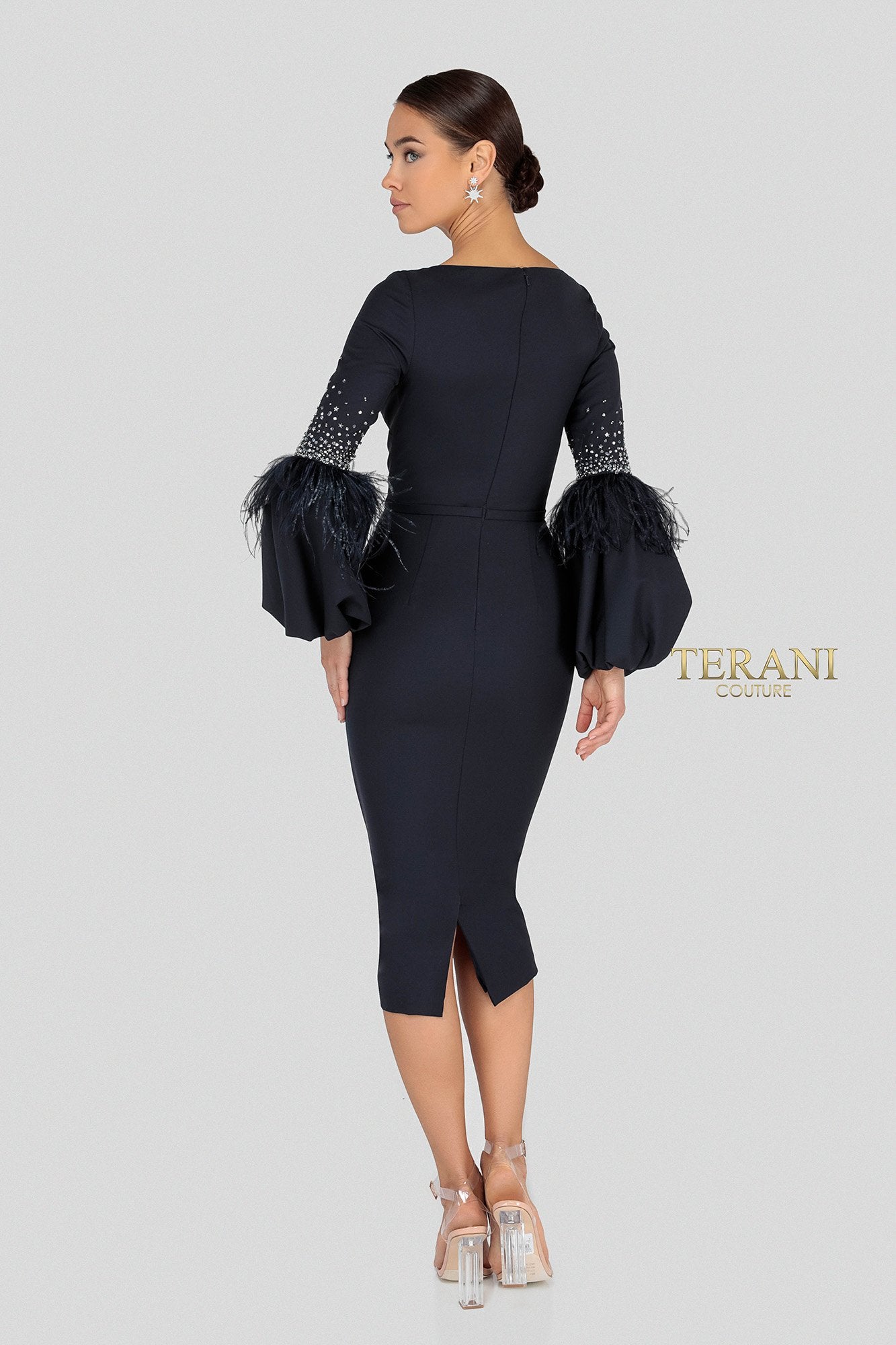 Long Balloon Sleeves Low V Neck Cocktail Dress - 1912C9643