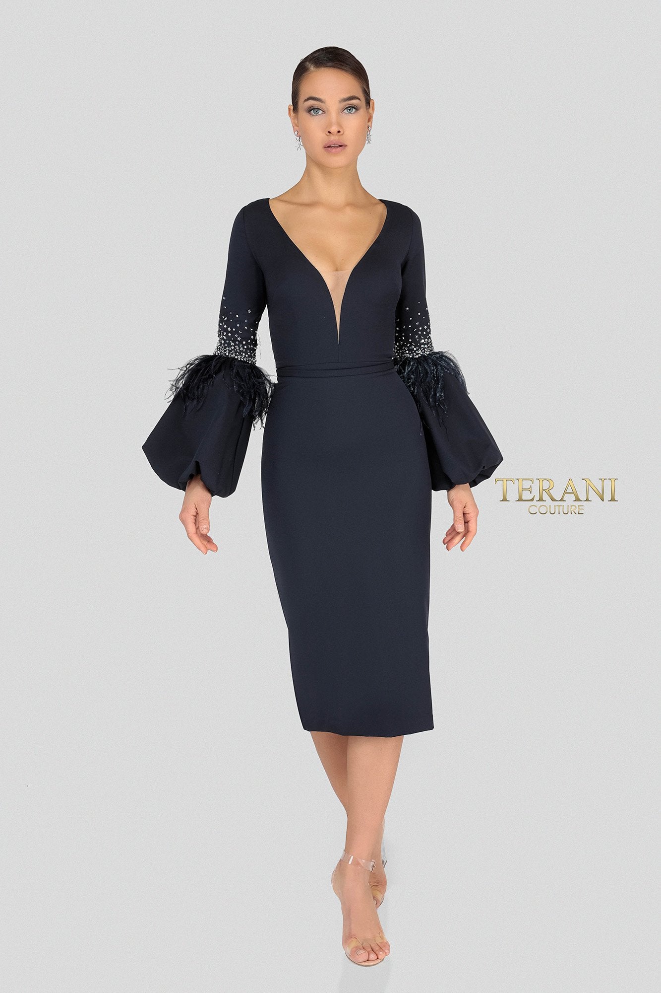 Long Balloon Sleeves Low V Neck Cocktail Dress - 1912C9643