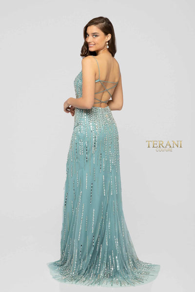 Beaded Spaghetti Strap Criss Cross Back High Slit Long Dress - 1912P8232