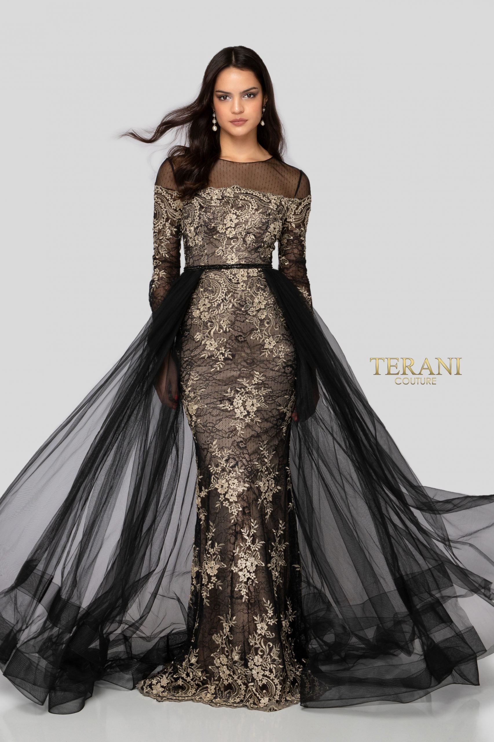 Long Sleeve Gold Embellishment Detailing with Sheer Overskirt - 1913E9258