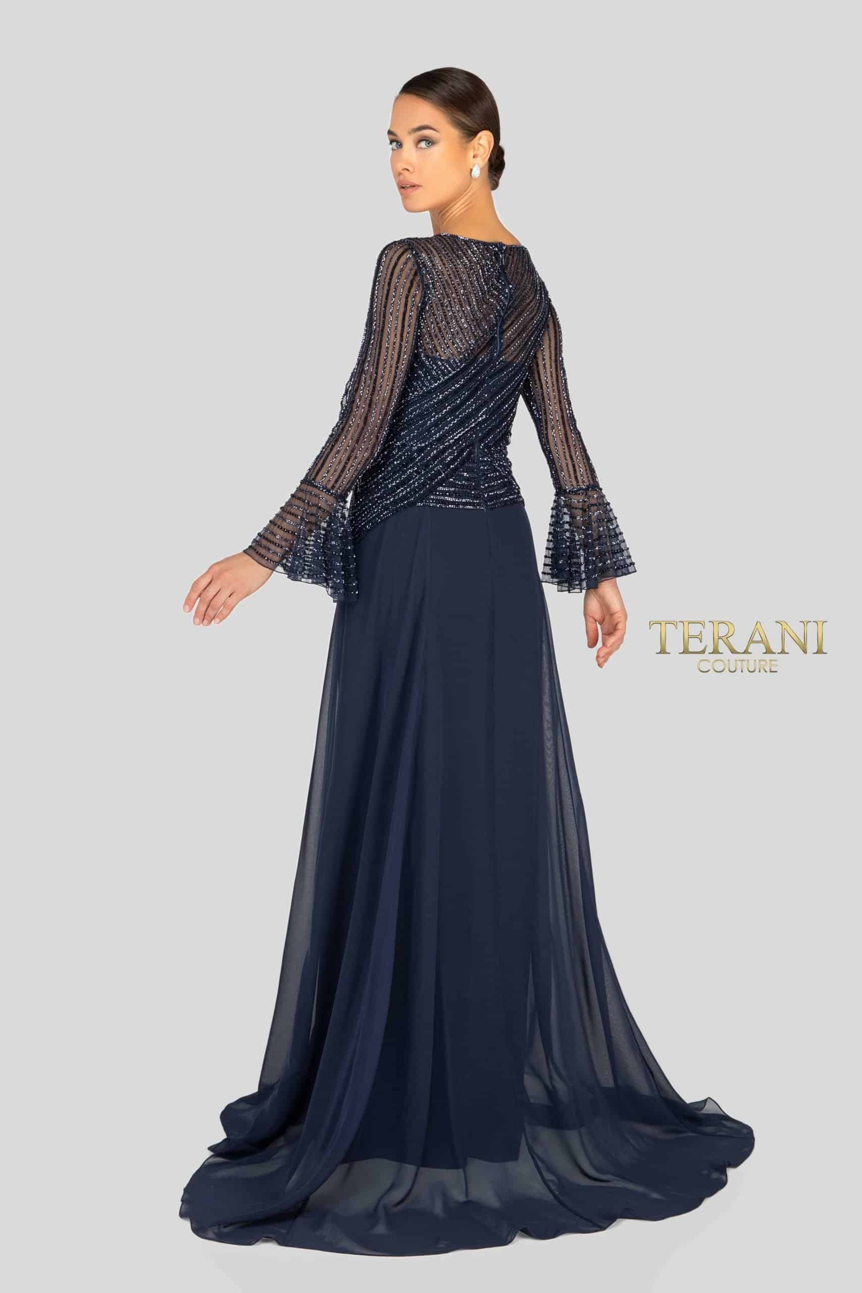 Long Sleeve V Neck Beaded Flowy Long Dress - 1913M9403