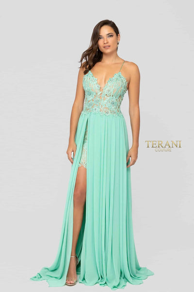 Spaghetti Strap V Neck Beaded Flowy High Slit Long Dress - 1913P8324