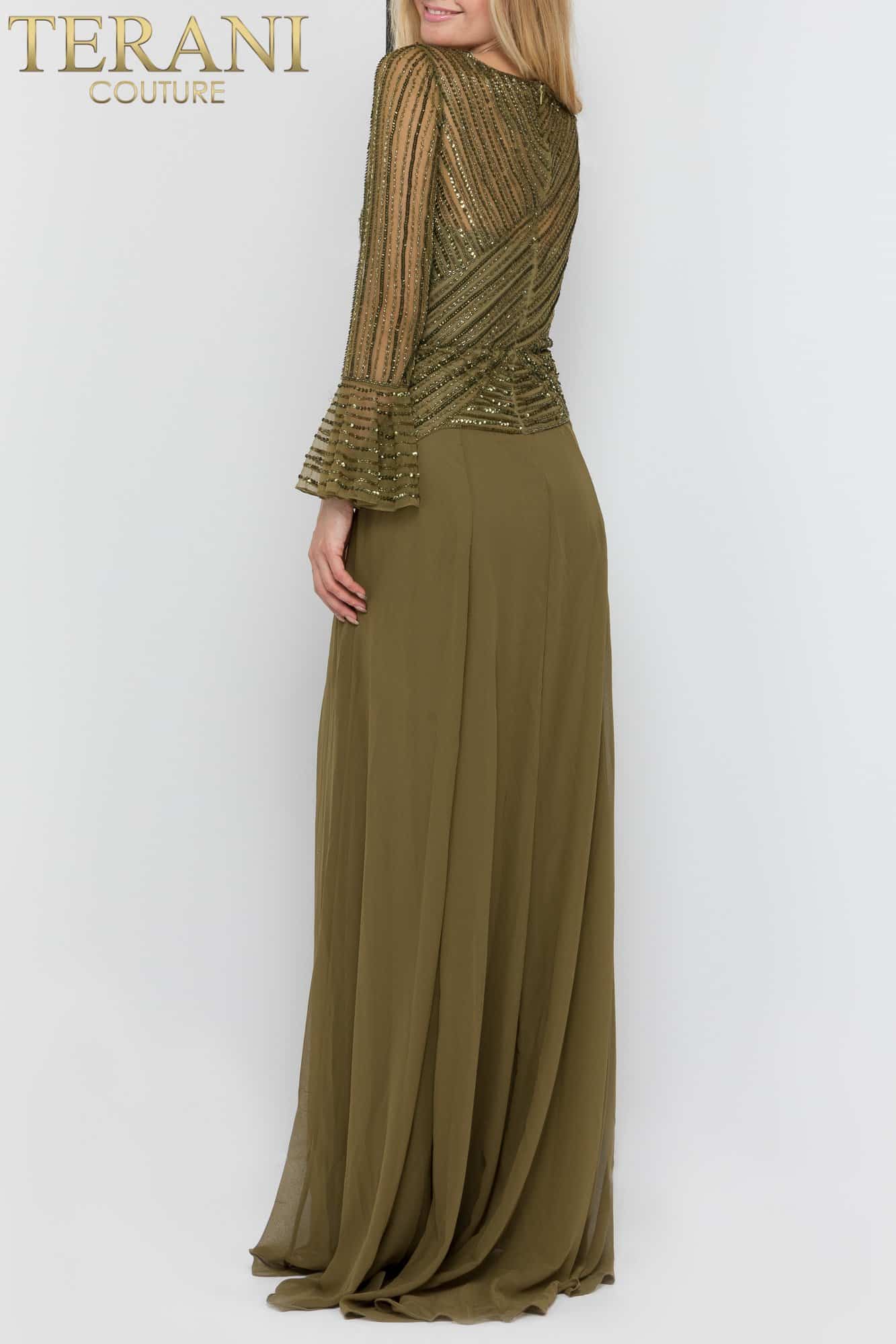 Long Sleeve V Neck Beaded Flowy Long Dress - 1913M9403