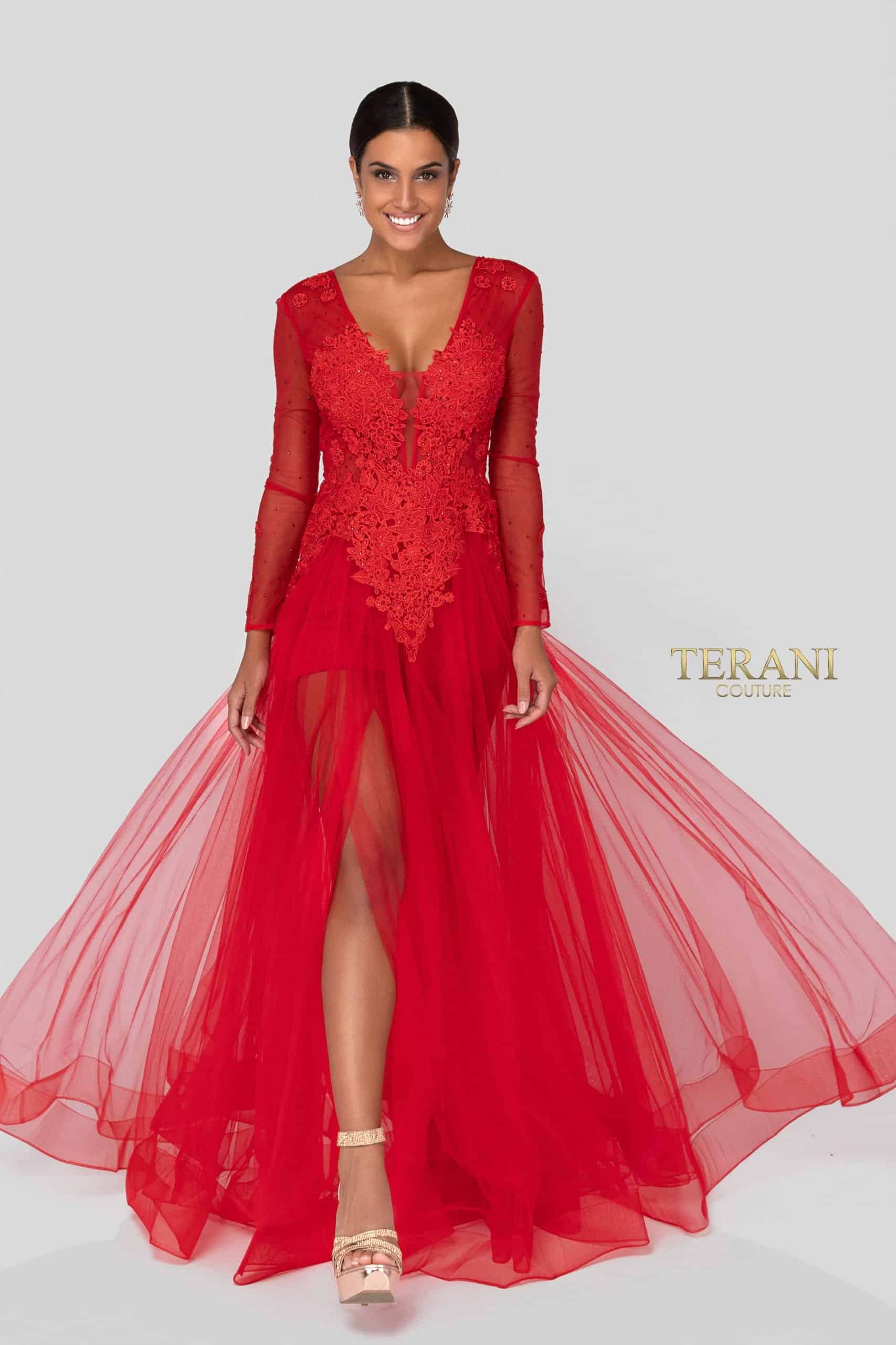 Sheer Long Sleeves Low V Neck Plunging Back Long Tulle Ball Gown - 1915P8344