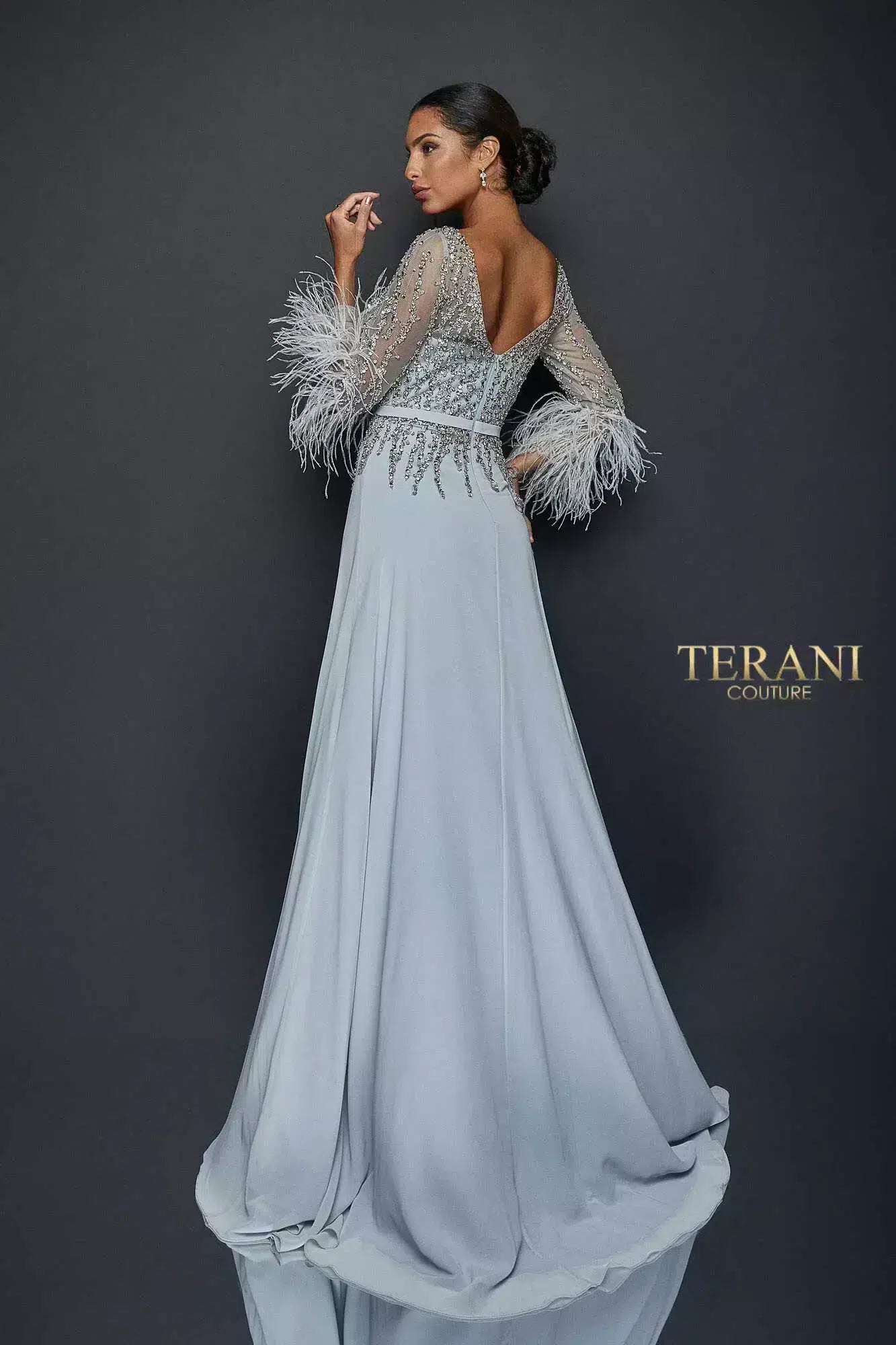 Chiffon Skirt Gown with Feather Accented Sleeves - 1921M0473