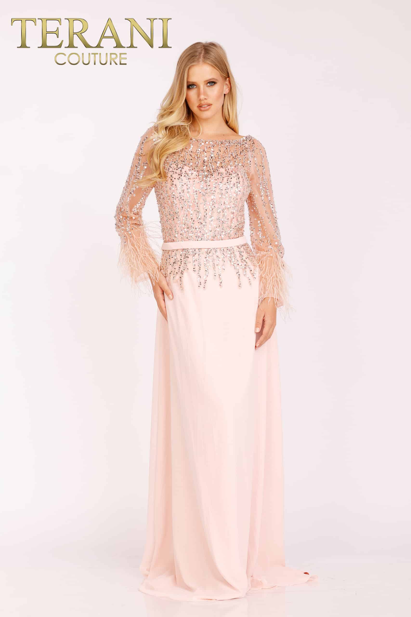 Chiffon Skirt Gown with Feather Accented Sleeves - 1921M0473