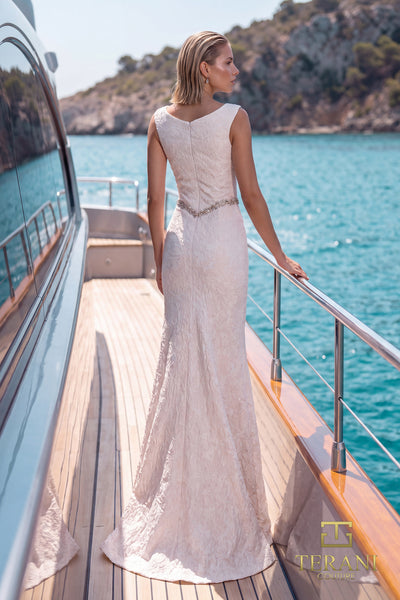 Draped off Shoulder Stretch Jacquard Gown - 1921M0726