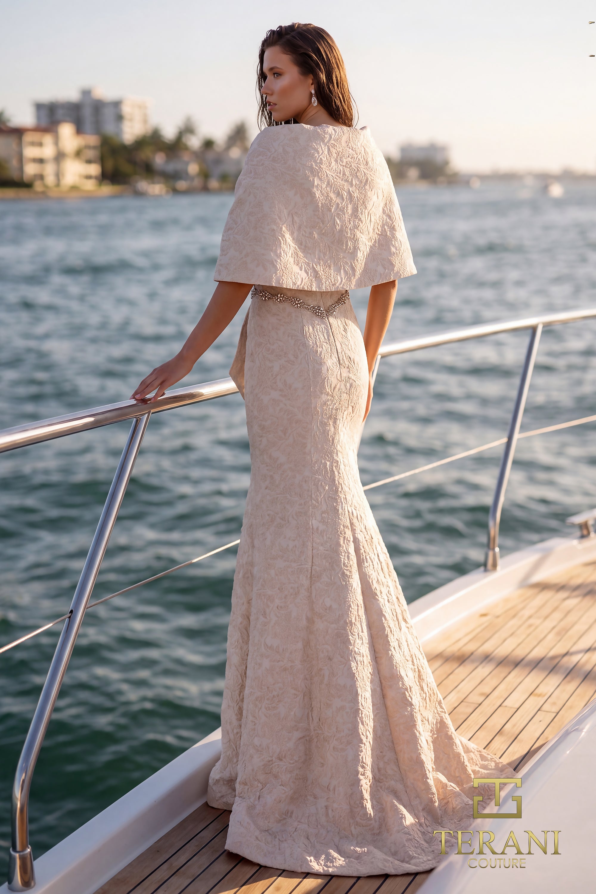 Draped off Shoulder Stretch Jacquard Gown - 1921M0726