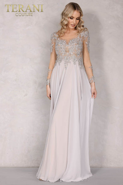 Light Silver Long Sleeves Long Chiffon Mother of the Bride Dress - 1922M0533