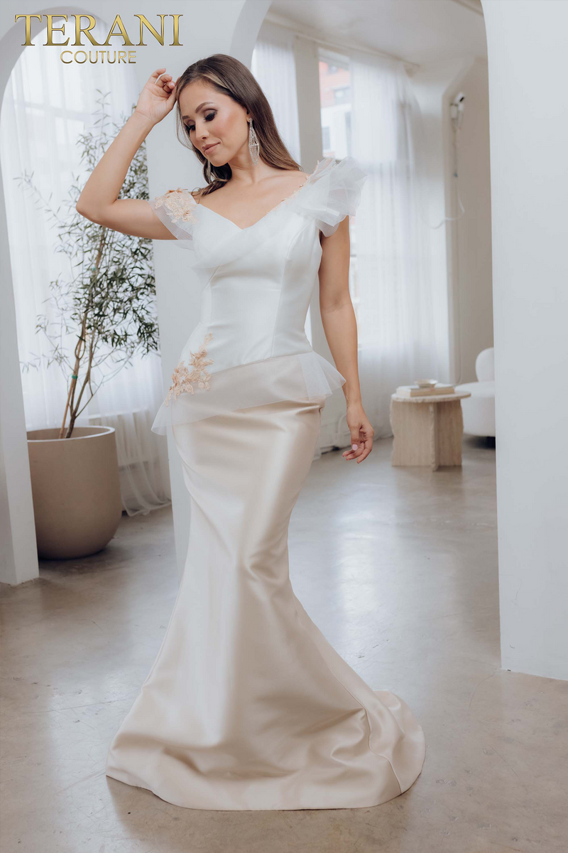 241E2478 Off-Shoulder Trumpet Embroidered Mikado Column Evening Dress