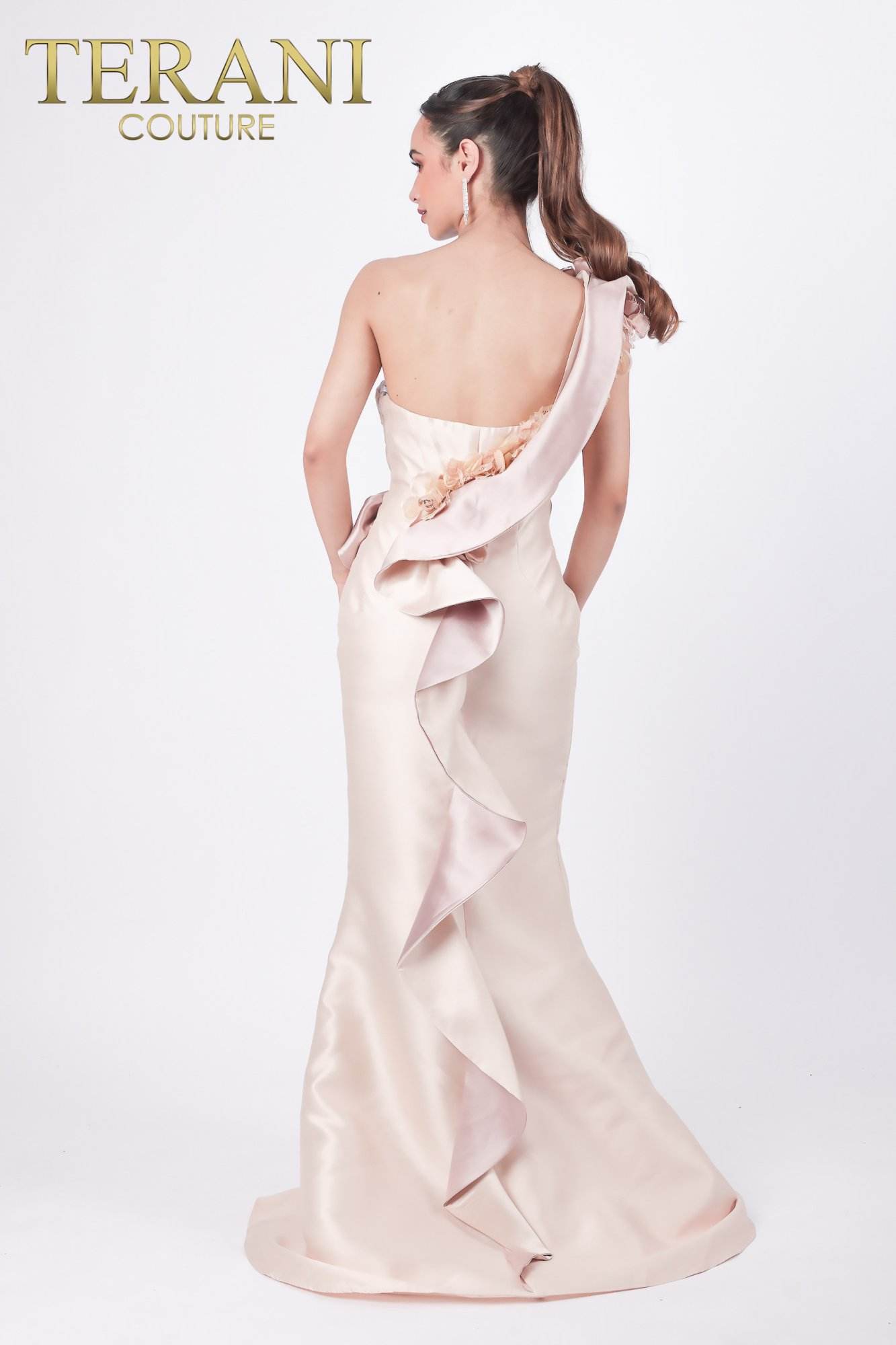 Assymetric One Shoulder Gown with Sculpted Collar and 3D Flowers - 2011E2424