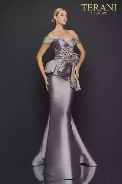 Off shoulder printed Jacquard trumpet evening gown - 2011E2425