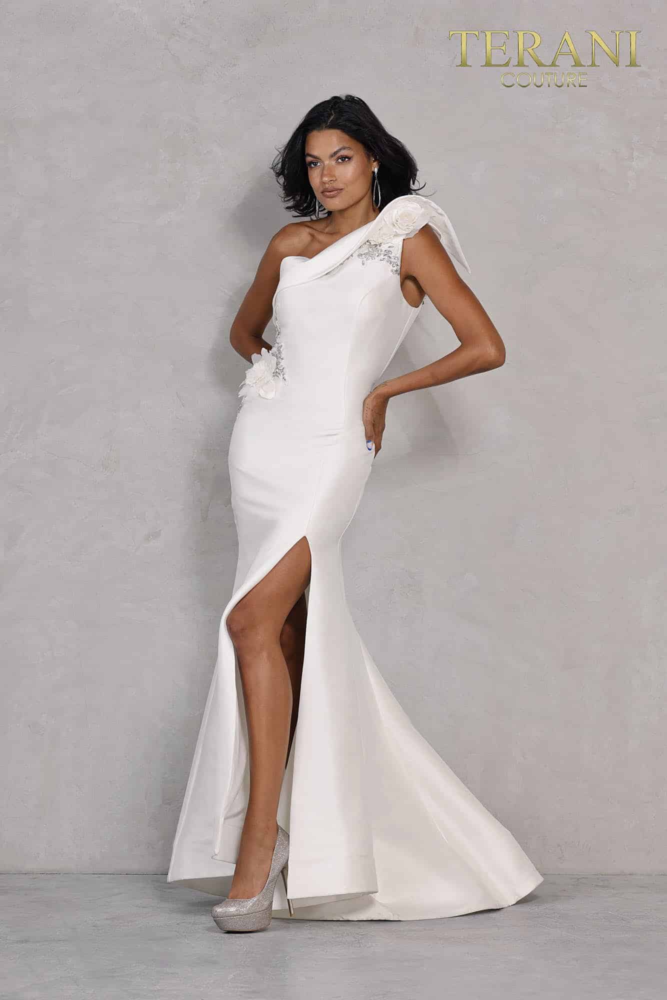 One shoulder Mikado gown with 3D flowers - 2011E2427