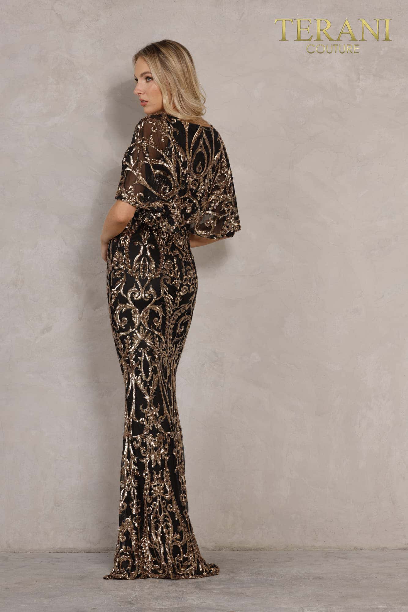 Black Gold Metallic Embroidered Cape Sleeve Dress - 2011GL2186
