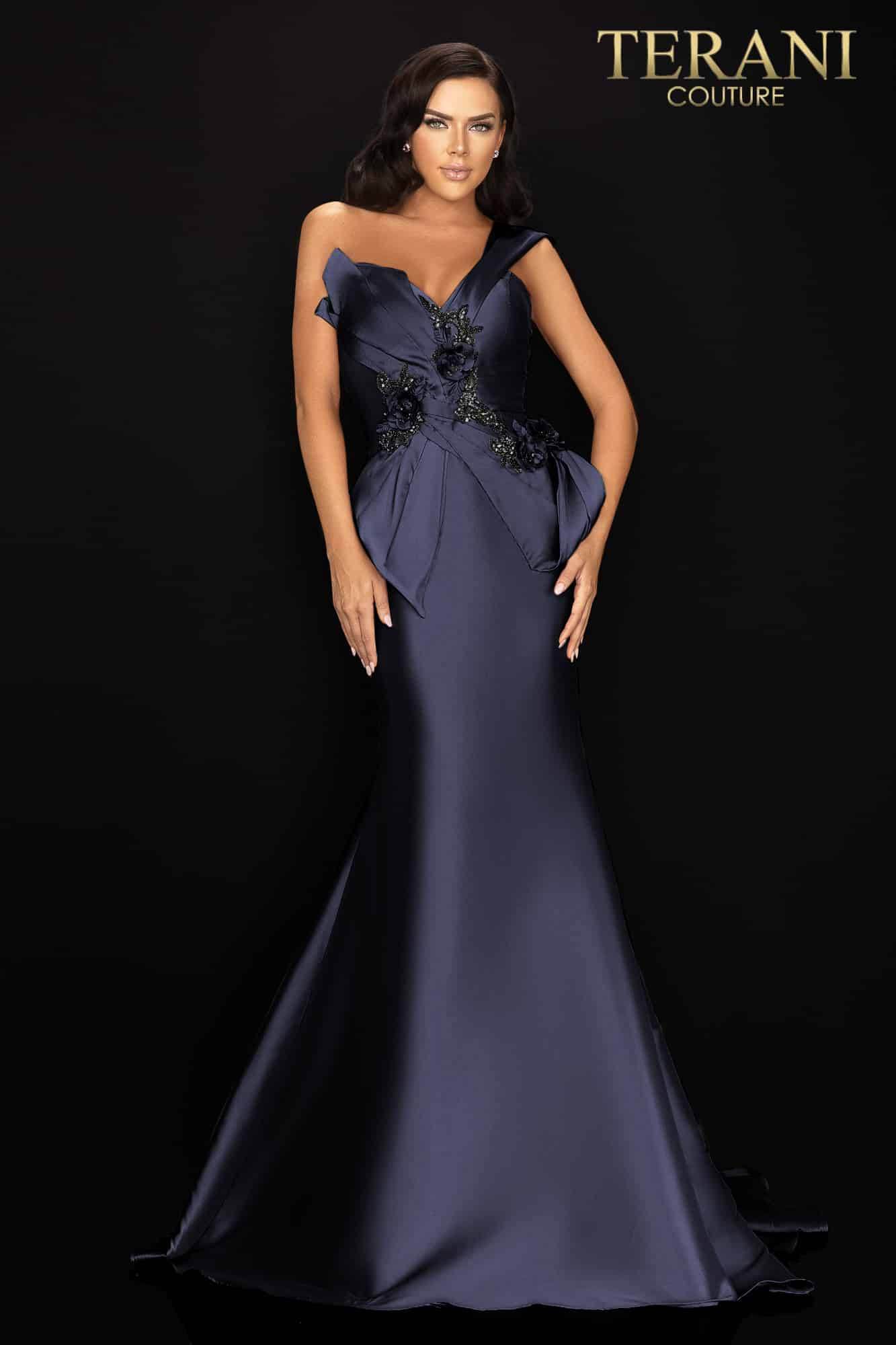 One shoulder Mikado Mother of Bride gown with unique structure and beading - 2011M2160
