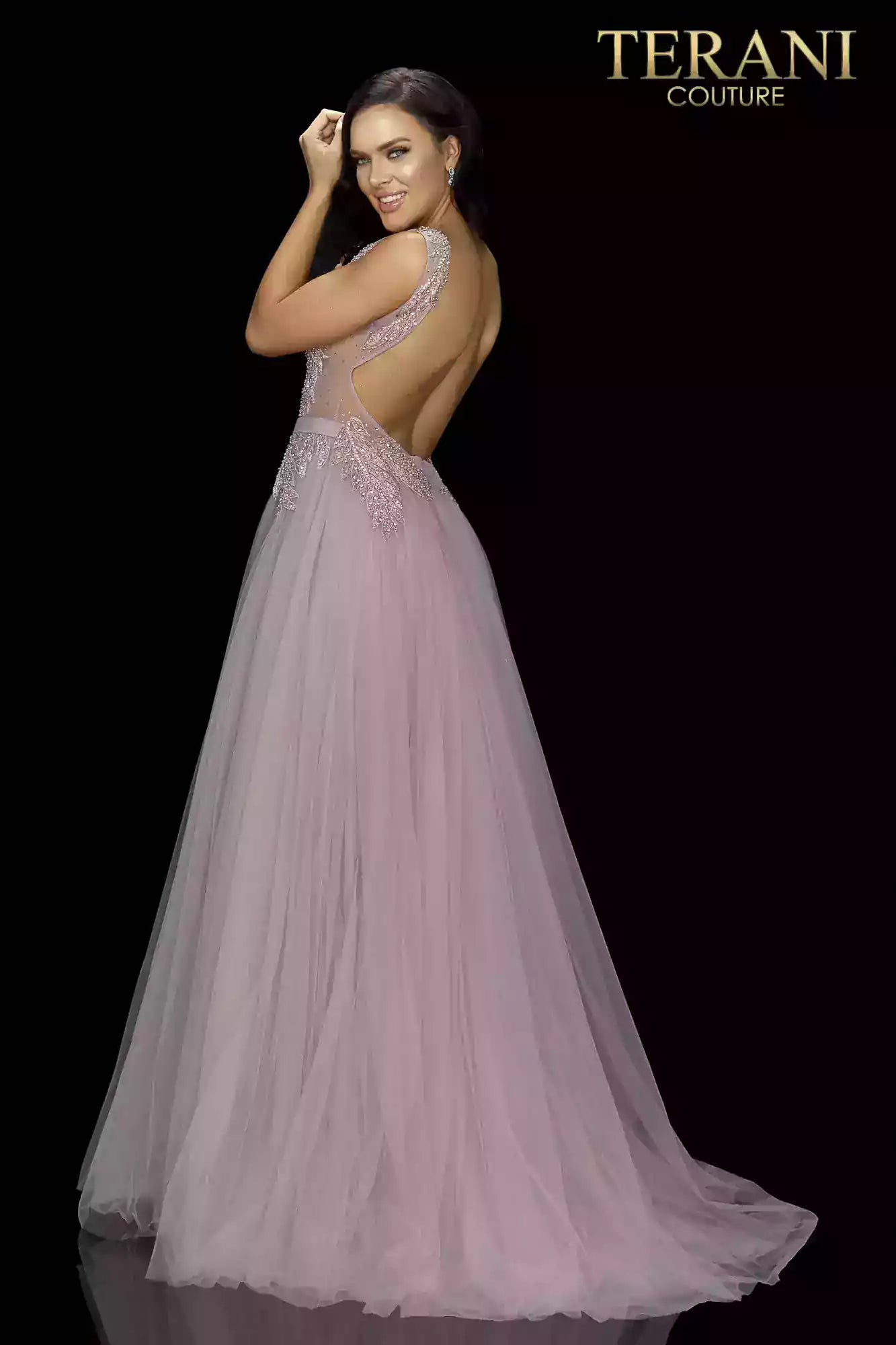Long Beaded V-Neckline Tulle Prom Gown - 2011P1109