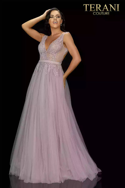 Long Beaded V-Neckline Tulle Prom Gown - 2011P1109