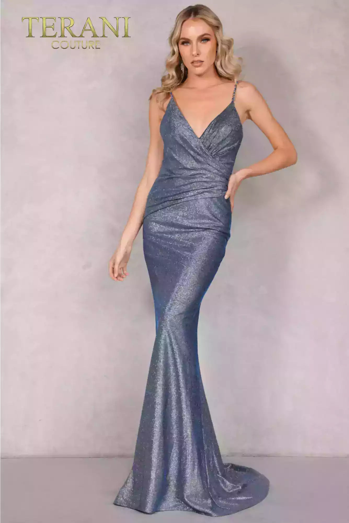 Deep v neck Metallic long prom dress by Terani | 2011P1117 | Deep v neck Metallic long prom dress by Terani | 2011P1117 |