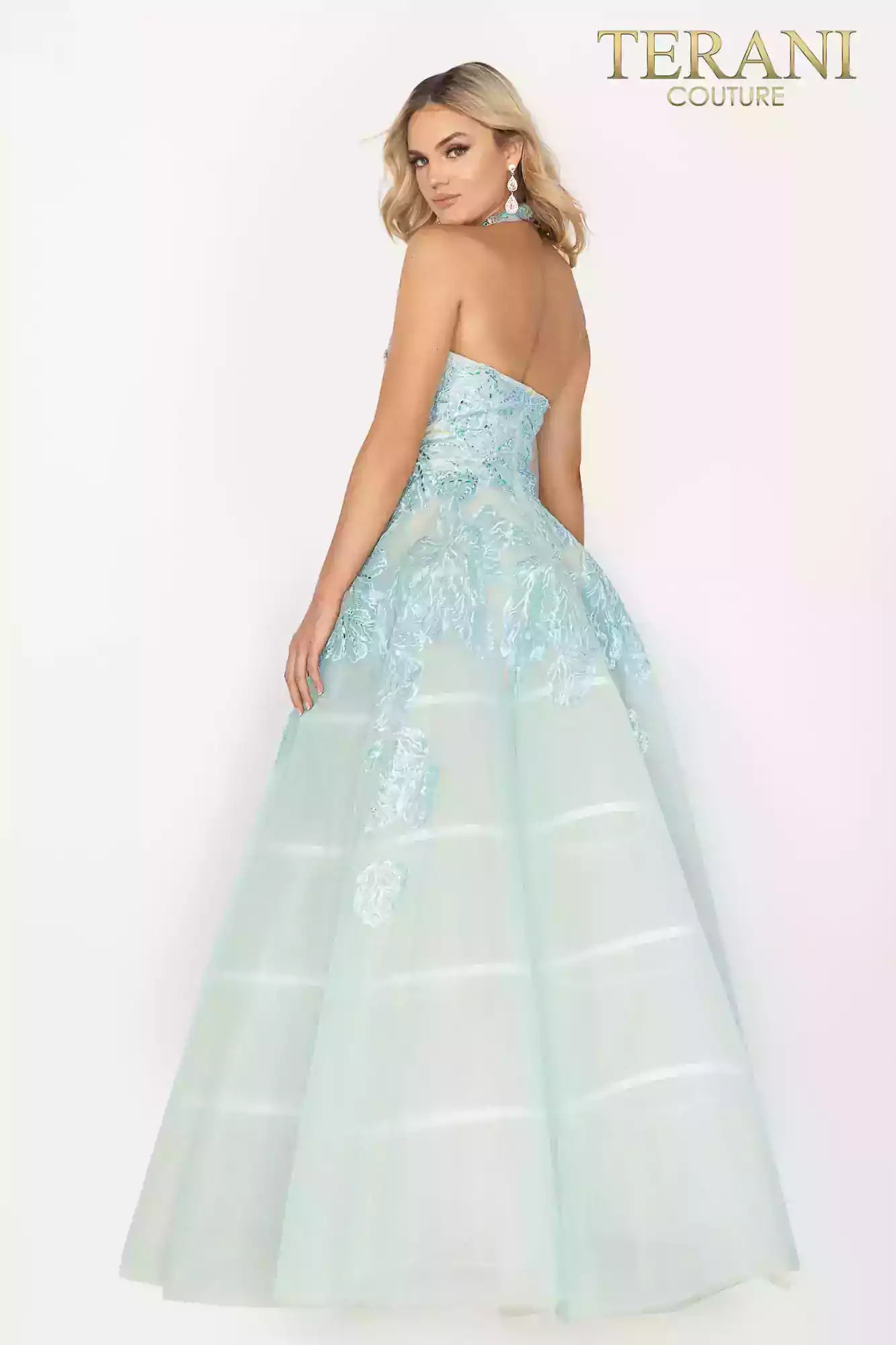 Beaded Halter Low V Neck Applique Ball Gown - 2011P1174