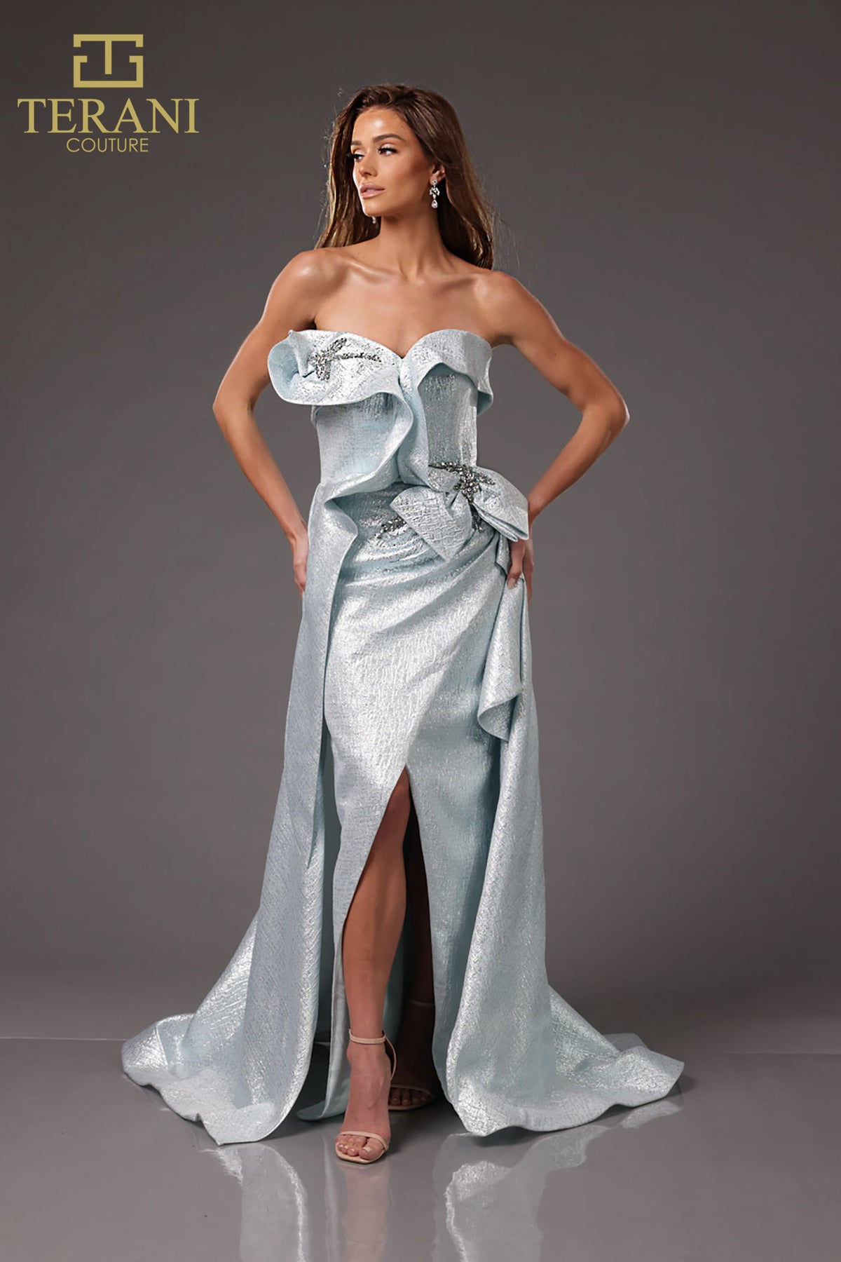 Uniquely Structured Strapless Metallic Jacquard Evening Dress - 2011E2073