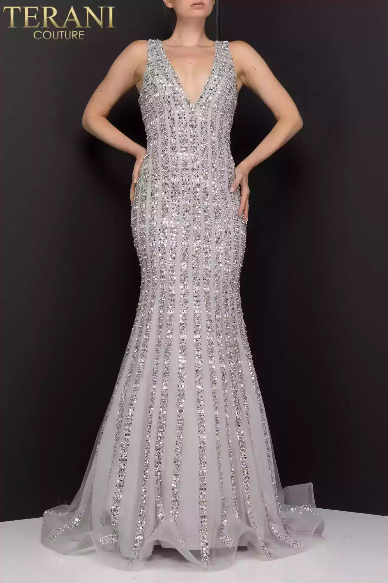 Figure hugging, mermaid, prom gown with linear beading - 2012P1285