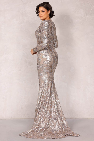 Taupe SIlver Long Sleeves Long Sequined Mesh Evening Dress - 2021E2840