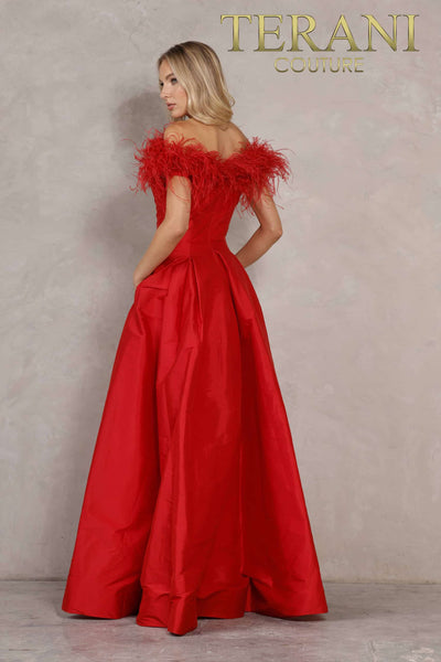 Evening Fit and Flare Off-Shoulder Feather Trim - 2021E3572