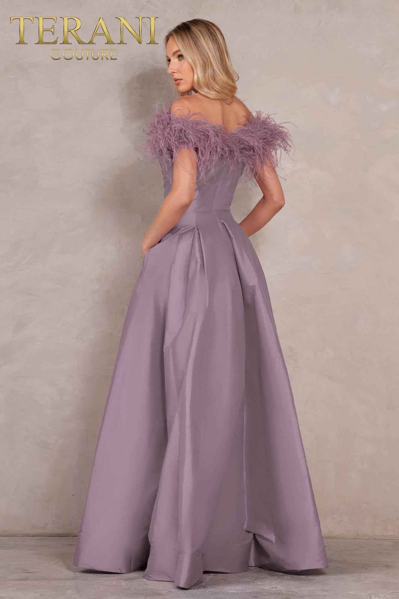 Evening Fit and Flare Off-Shoulder Feather Trim - 2021E3572