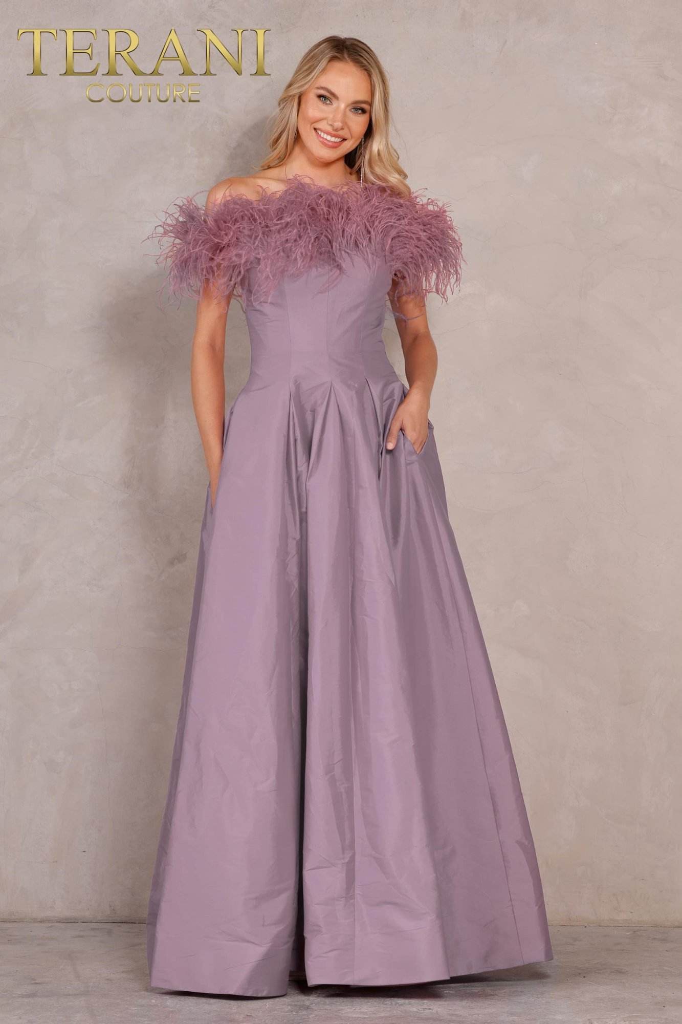 Evening Fit and Flare Off-Shoulder Feather Trim - 2021E3572