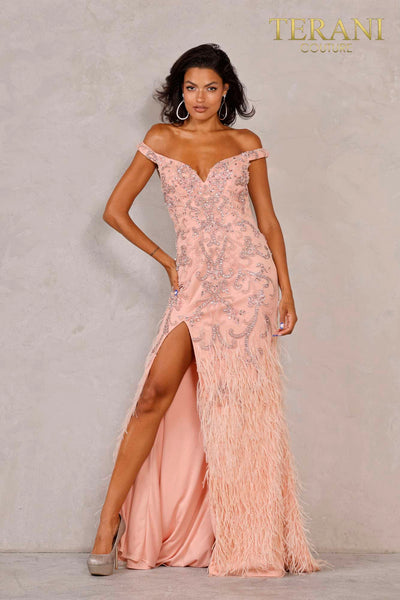 Feather Skirt Off Shoulder Dress with High Slit - 2021GL3138