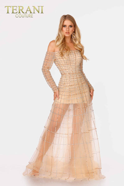 Pageant Strapless Long Sleeve Stripe Beaded, Sheer Skirt - 2021GL3159
