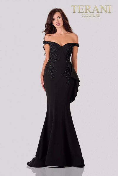 Black Off-Shoulder Evening Dress with Assymetric Drape - 2111E4732