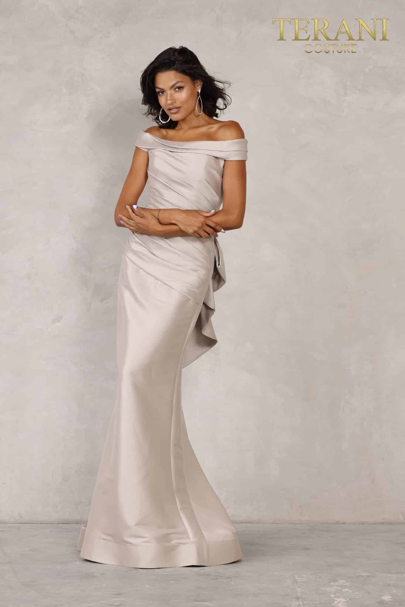 Taupe Off Shoulder Ruched Long Gown- 2111M5299