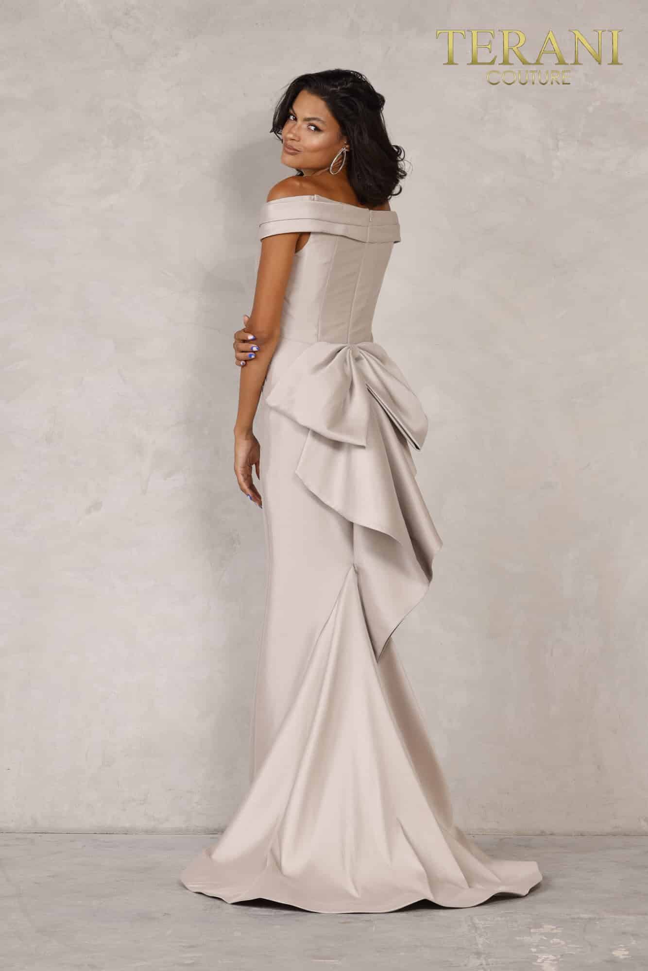 Taupe Off Shoulder Ruched Long Gown- 2111M5299