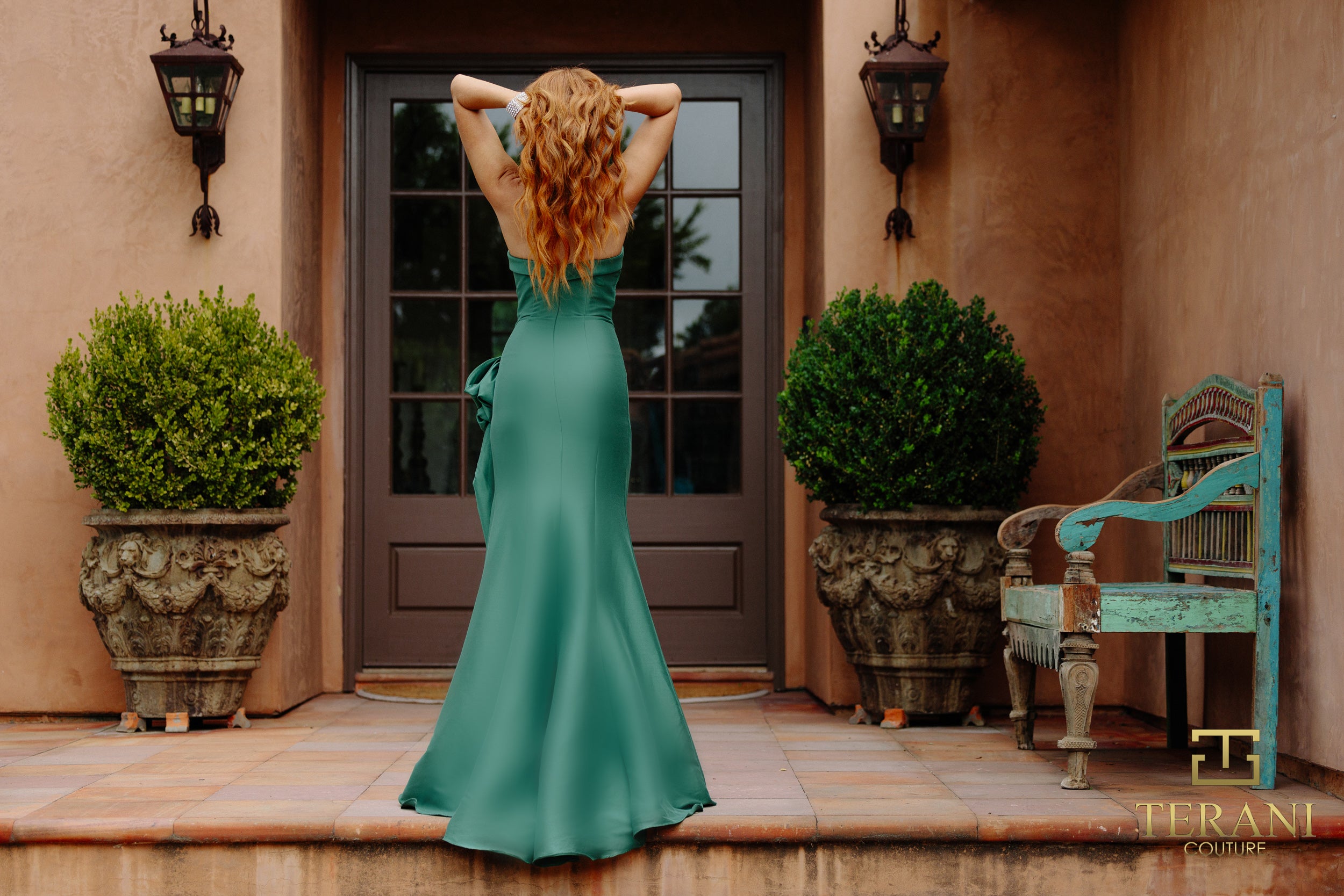 Straight Neckline Draped Bow Gown - 2111P4019