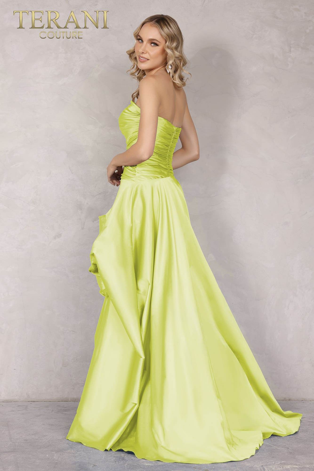 Strapless Ruched Bodice High Low Flower Bud Ball Gown - 2111P4270