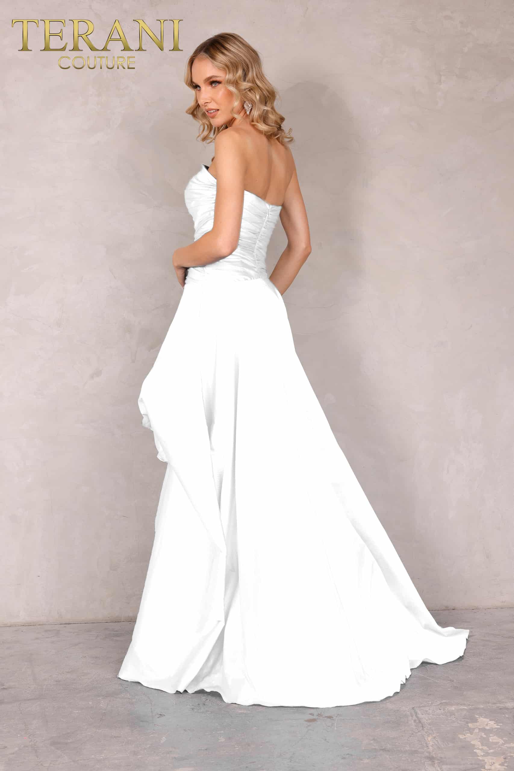 Strapless Ruched Bodice High Low Flower Bud Ball Gown - 2111P4270