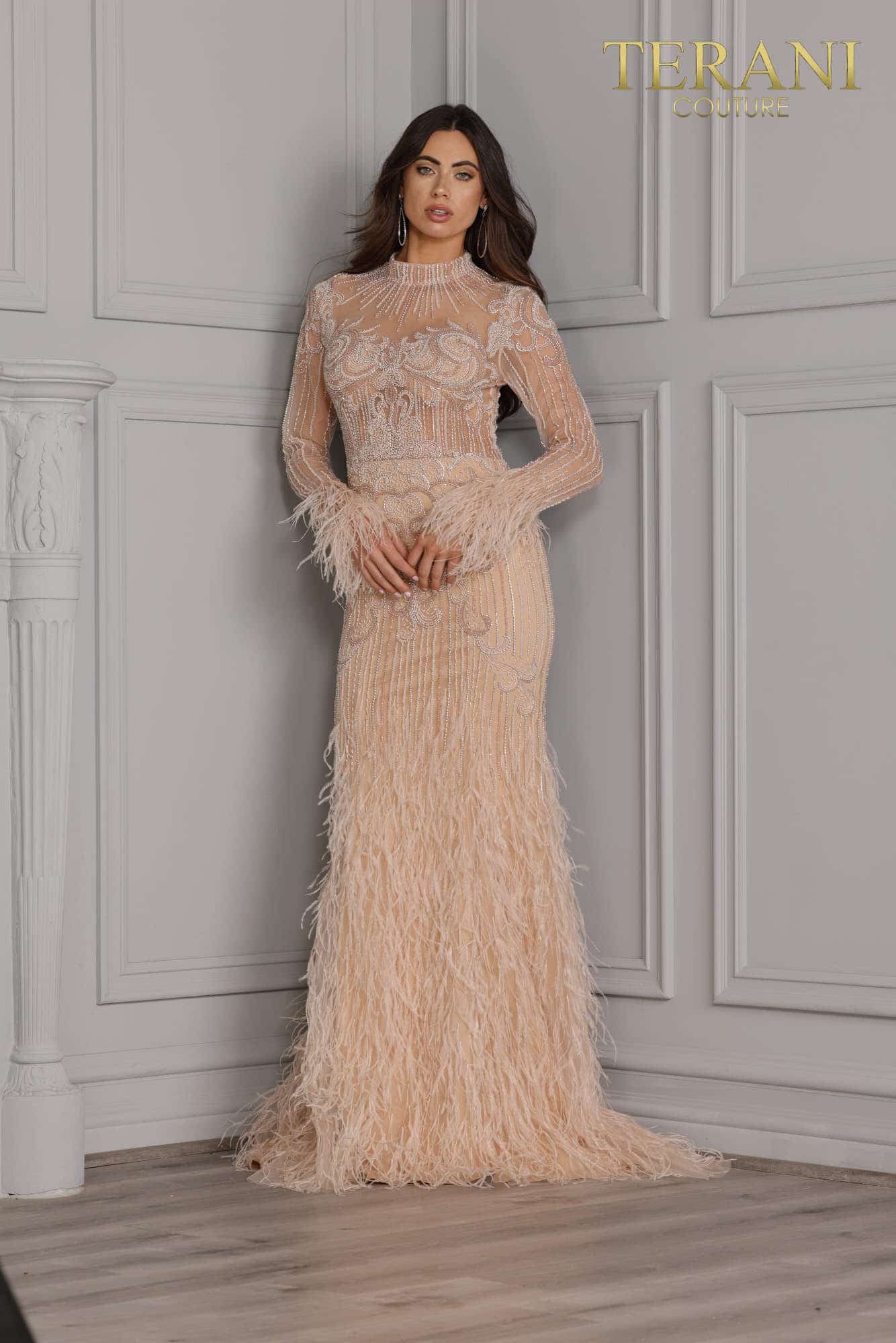 Terani High Neck Long Sleeve Dress with Feather 2214GL0108 Terani High Neck Long Sleeve Dress with Feather 2214GL0108